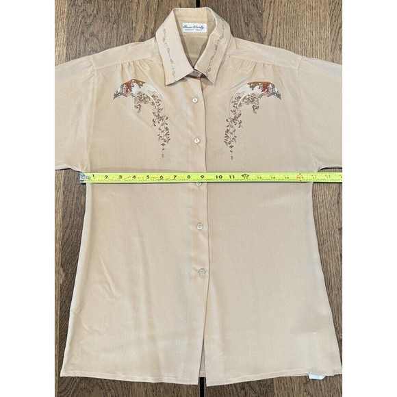 Vtg Amen Wardy Newport Beach Button Up Blouse Women’s 40/M Beige Graphic Print - Picture 7 of 14
